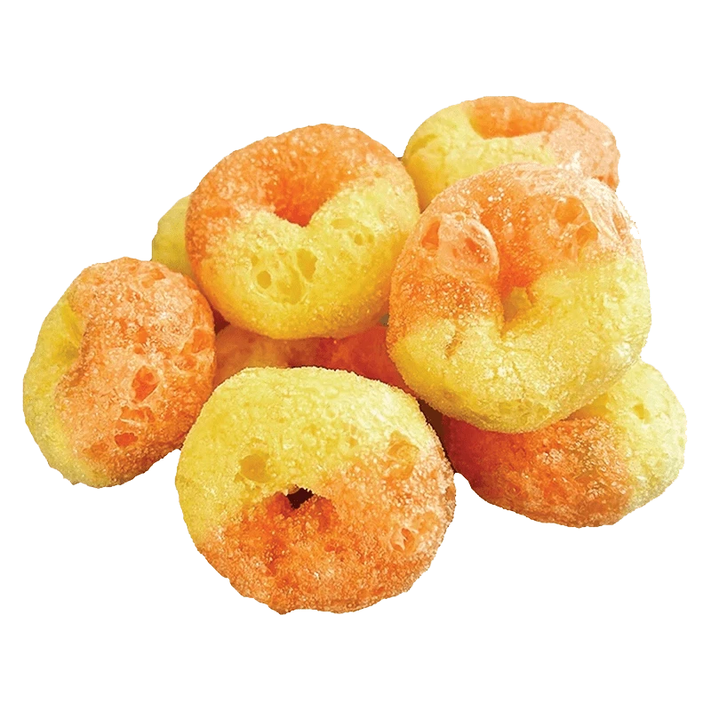 Close-up of a pile of orange-and-yellow Freeze Dried Rosin Rings Gummies showing sugar-coated, porous ring textures from a slightly elevated angle