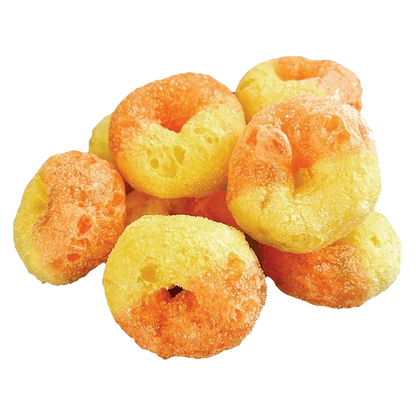 Close-up of a pile of orange-and-yellow Freeze Dried Rosin Rings Gummies showing sugar-coated, porous ring textures from a slightly elevated angle