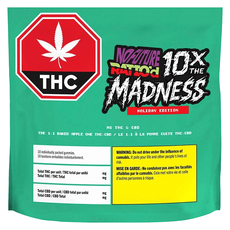 Front-facing green package showing a red THC stop-sign logo and bold graffiti text reading "10X The Madness: Ratio'd The 1:1 Baked Apple One CBD:THC Gummies."