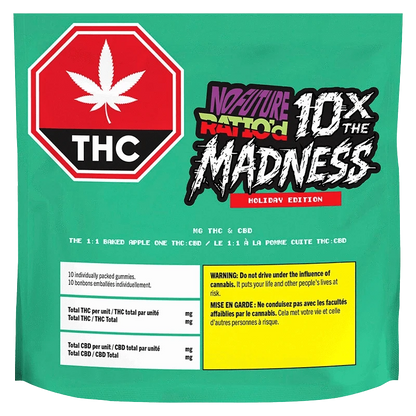 Front-facing green package showing a red THC stop-sign logo and bold graffiti text reading "10X The Madness: Ratio'd The 1:1 Baked Apple One CBD:THC Gummies."