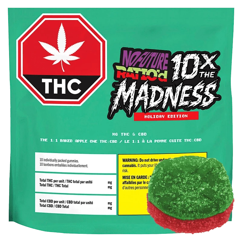 Front-facing teal package labeled "10X The Madness: Ratio'd The 1:1 Baked Apple One CBD:THC Gummies" with bold logo, THC stop sign, nutrition boxes, and a green-and-red sugar-coated gummy overlapping the lower right.