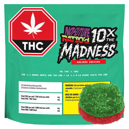 Front-facing teal package labeled "10X The Madness: Ratio'd The 1:1 Baked Apple One CBD:THC Gummies" with bold logo, THC stop sign, nutrition boxes, and a green-and-red sugar-coated gummy overlapping the lower right.