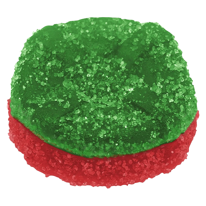 Close-up top-down view of a sugar-coated red and green gummy, the 10X The Madness: Ratio'd The 1:1 Baked Apple One CBD:THC Gummies.