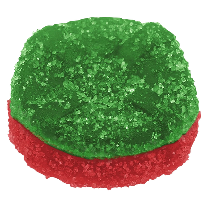 Close-up top-down view of a sugar-coated red and green gummy, the 10X The Madness: Ratio'd The 1:1 Baked Apple One CBD:THC Gummies.