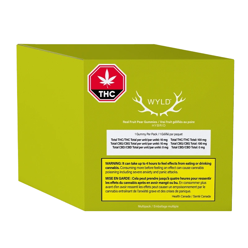 Three-quarter rear view of a green box of Pear THC:CBG Gummies showing a red THC symbol, WYLD logo, and warning label.