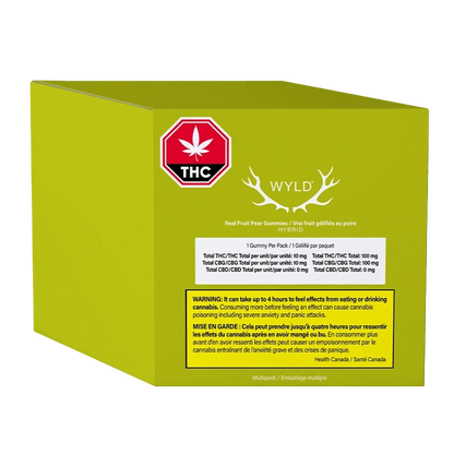Three-quarter rear view of a green box of Pear THC:CBG Gummies showing a red THC symbol, WYLD logo, and warning label.