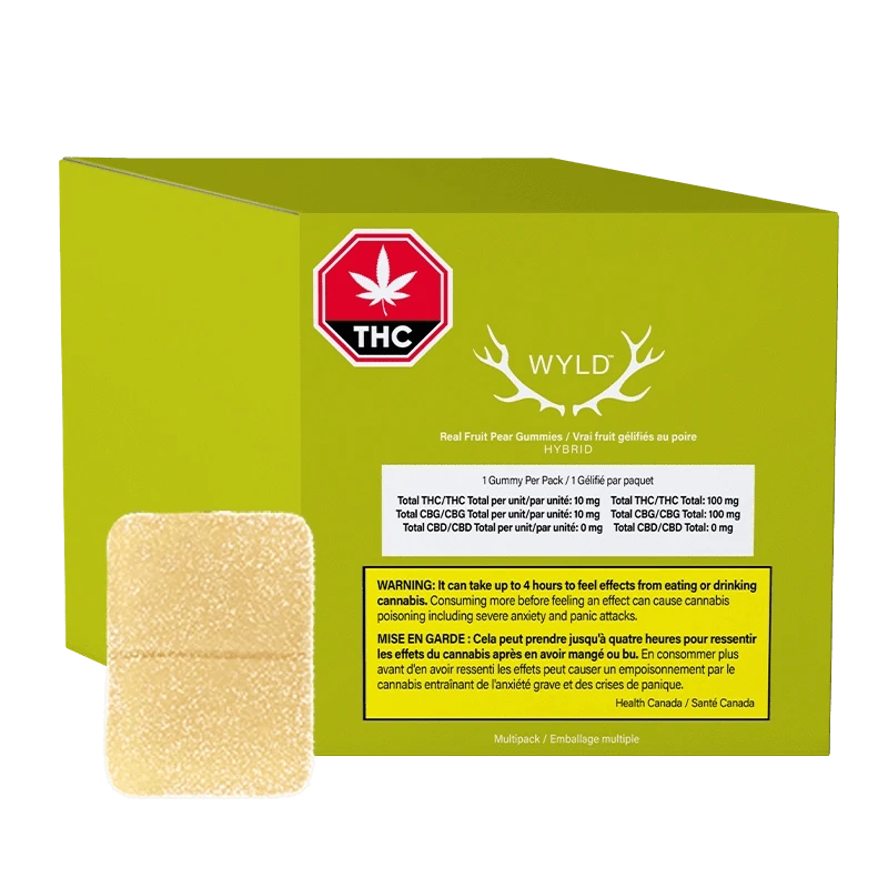 Three-quarter view of a green box and single sugar-coated gummy featuring the Pear THC:CBG Gummies branding on the front.
