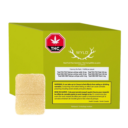 Three-quarter view of a green box and single sugar-coated gummy featuring the Pear THC:CBG Gummies branding on the front.
