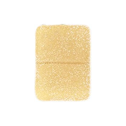 Top-down close-up of a sugar-coated, rectangular pear gummy showing a horizontal score line, labeled Pear THC:CBG Gummies.