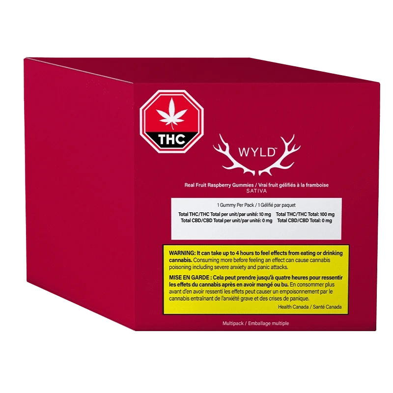 Angled view of a red box labeled "Wyld Raspberry THC Gummies" with a white antler logo, THC stop sign, and yellow warning panel.