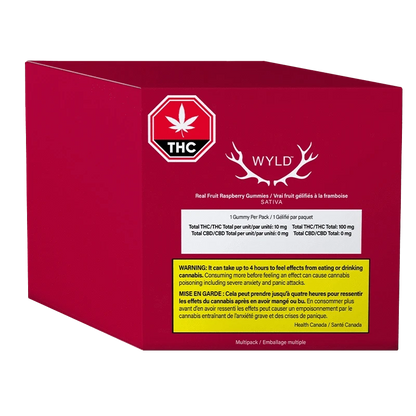 Angled view of a red box labeled "Wyld Raspberry THC Gummies" with a white antler logo, THC stop sign, and yellow warning panel.