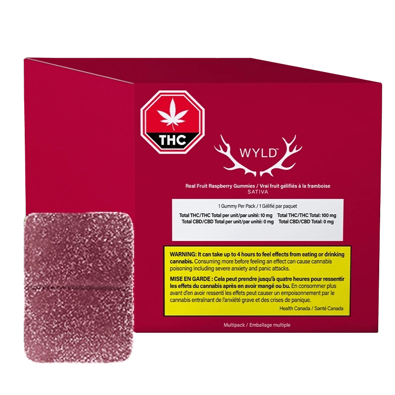 Front-facing box of Wyld Raspberry THC Gummies 10 Pack in deep raspberry red with a THC symbol, white antler logo, and a close-up of a sugar-coated raspberry gummy.