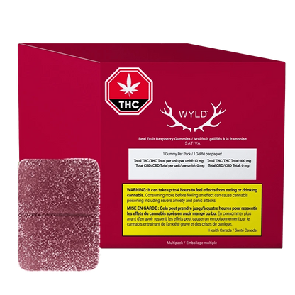 Front-facing box of Wyld Raspberry THC Gummies 10 Pack in deep raspberry red with a THC symbol, white antler logo, and a close-up of a sugar-coated raspberry gummy.