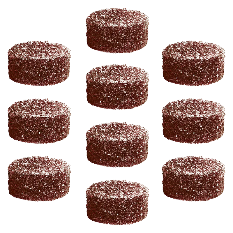 Top-down grid of ten sugar-coated Cherry Cola Gummies, each round dark-red candy shown with granular sparkle.