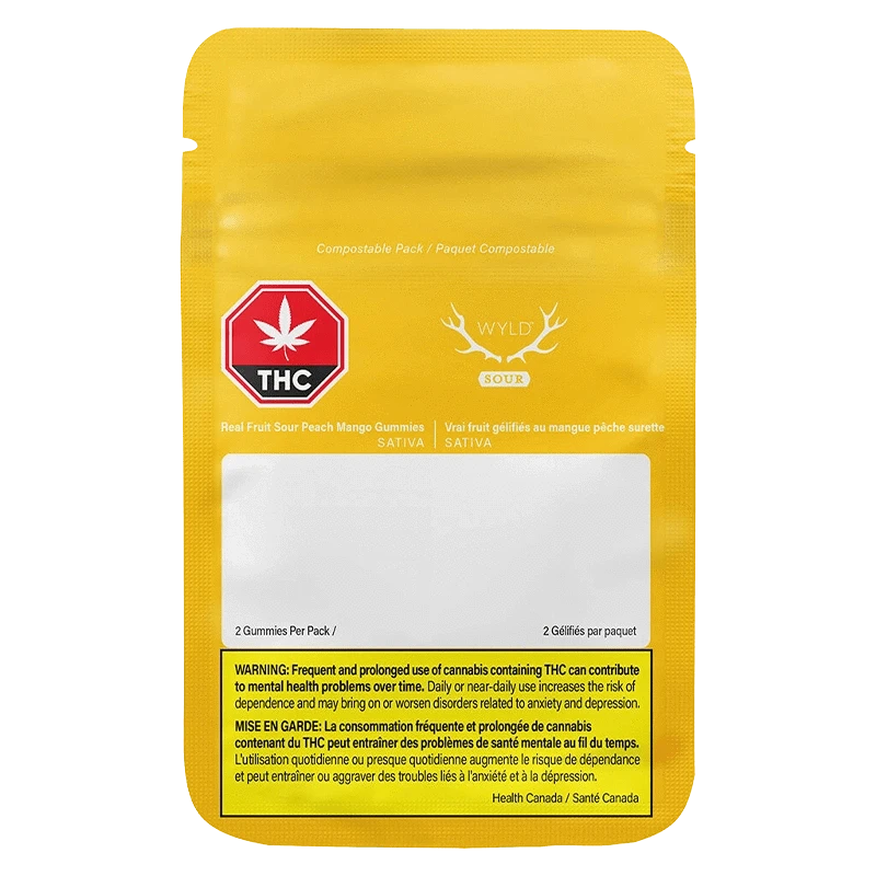 Front-facing shot of the bright yellow Sour Peach Mango 3:1 CBG:THC Gummies pouch showing a red THC symbol, WYLD logo, and a white blank label area.