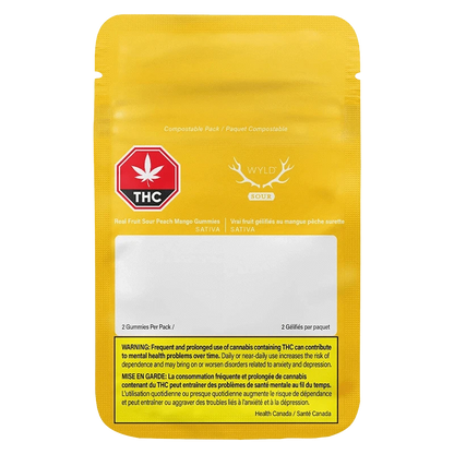 Front-facing shot of the bright yellow Sour Peach Mango 3:1 CBG:THC Gummies pouch showing a red THC symbol, WYLD logo, and a white blank label area.