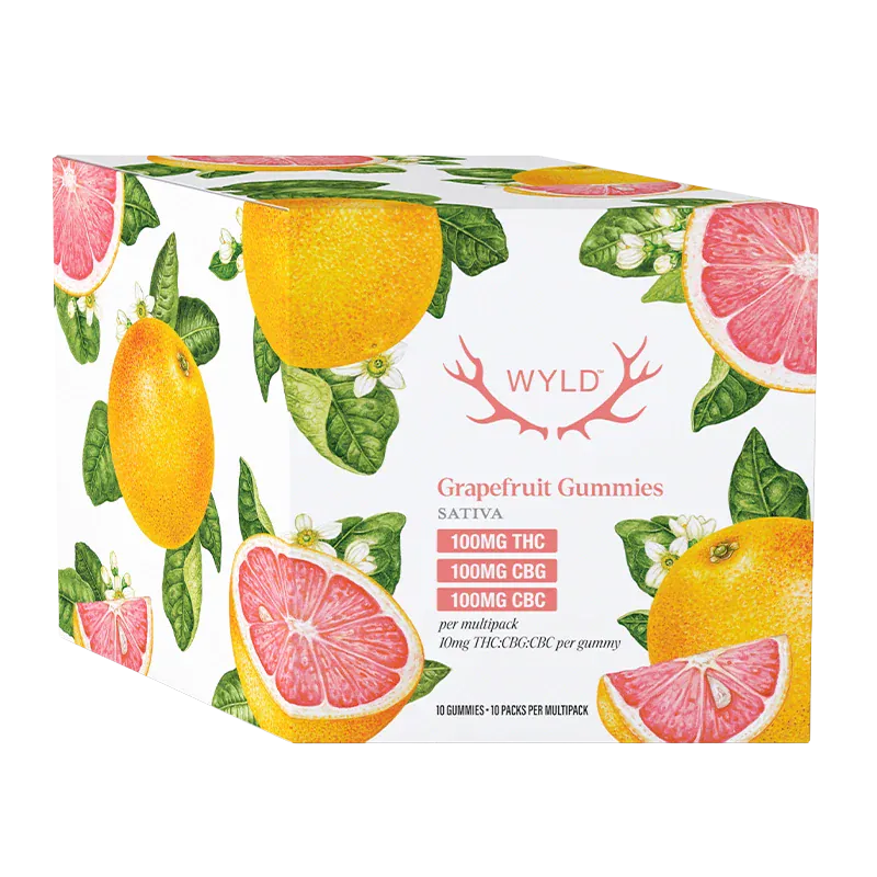 Angled front view of the WYLD Real Fruit Grapefruit 1:1:1 THC:CBG:CBC Gummies box with illustrated grapefruit halves and leaves on a white background.