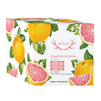 Angled front view of the WYLD Real Fruit Grapefruit 1:1:1 THC:CBG:CBC Gummies box with illustrated grapefruit halves and leaves on a white background.