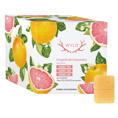 Three-quarter view of a Wyld Real Fruit Grapefruit 1:1:1 THC:CBG:CBC Gummies 10 pack box with grapefruit illustrations and a single sugar-coated gummy.