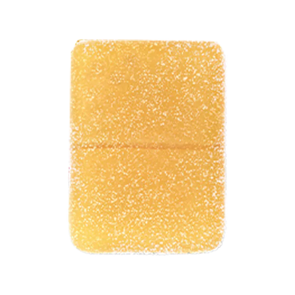 Close-up front view of a rectangular sugar-coated gummy in golden grapefruit color from Real Fruit Grapefruit 1:1:1 THC:CBG:CBC Gummies.