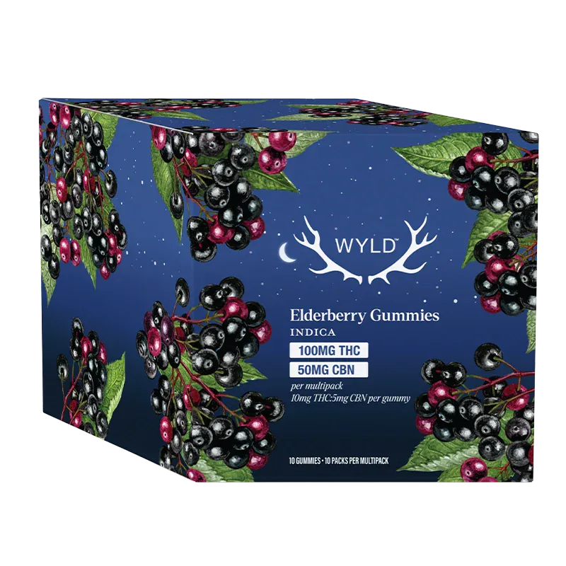 Angled front view of the WYLD Real Fruit Elderberry 2:1 THC:CBN Gummies box against white, showing illustrated elderberries on a deep blue background.