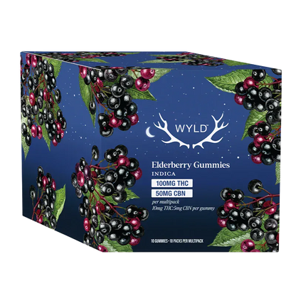 Angled front view of the WYLD Real Fruit Elderberry 2:1 THC:CBN Gummies box against white, showing illustrated elderberries on a deep blue background.
