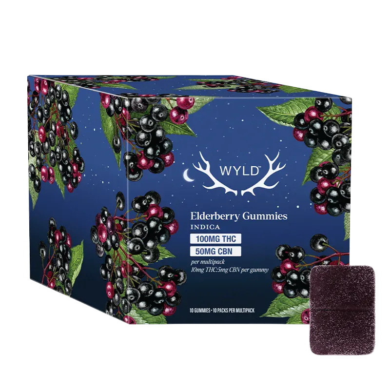 Three-quarter view of a Wyld Real Fruit Elderberry 2:1 THC:CBN Gummies 10 Pack box with illustrated elderberries on blue.