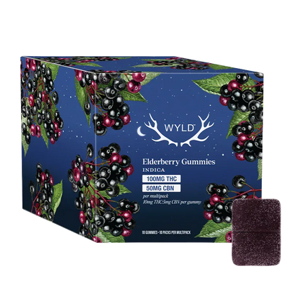 Three-quarter view of a Wyld Real Fruit Elderberry 2:1 THC:CBN Gummies 10 Pack box with illustrated elderberries on blue.