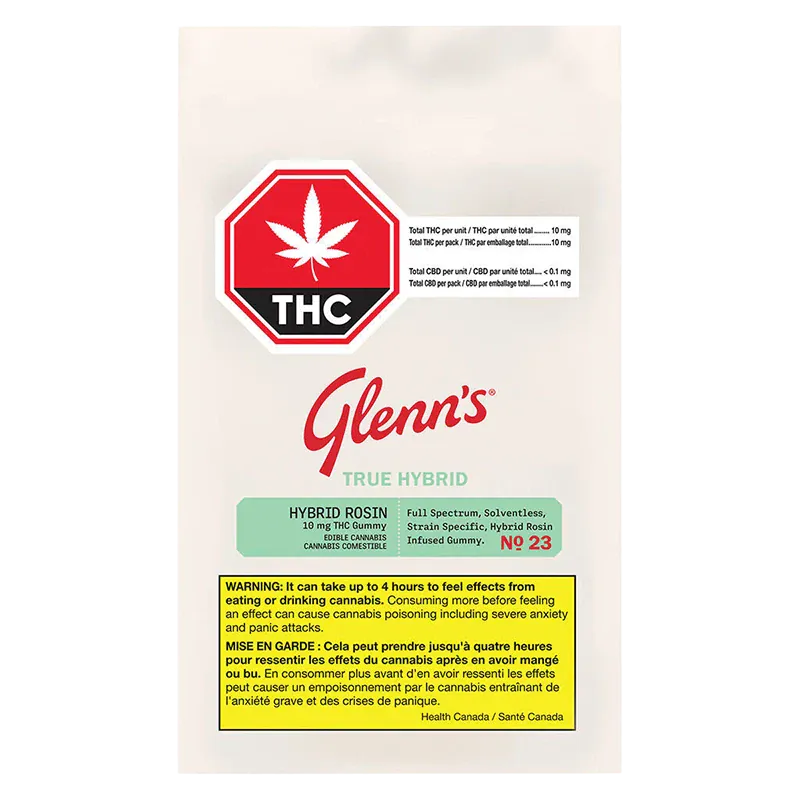 Front-facing photo of the Glenn's True Hybrid Rosin Blue Raspberry Cotton Clouds Gummies pouch on a white background showing a red THC stop sign, green product panel, and yellow warning box.