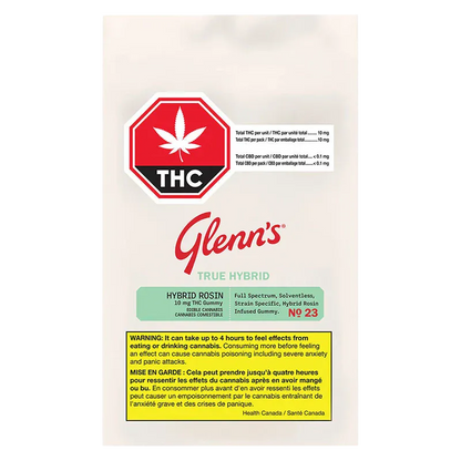 Front-facing photo of the Glenn's True Hybrid Rosin Blue Raspberry Cotton Clouds Gummies pouch on a white background showing a red THC stop sign, green product panel, and yellow warning box.