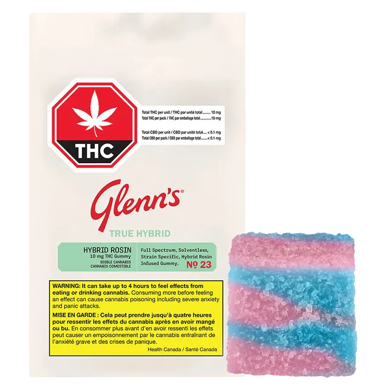 Front-facing pack of Glenn's True Hybrid Rosin Blue Raspberry Cotton Clouds Gummies beside a close-up of a pink-and-blue sugared gummy.
