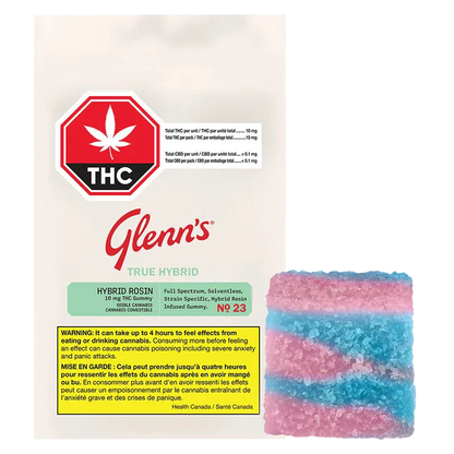 Front-facing pack of Glenn's True Hybrid Rosin Blue Raspberry Cotton Clouds Gummies beside a close-up of a pink-and-blue sugared gummy.