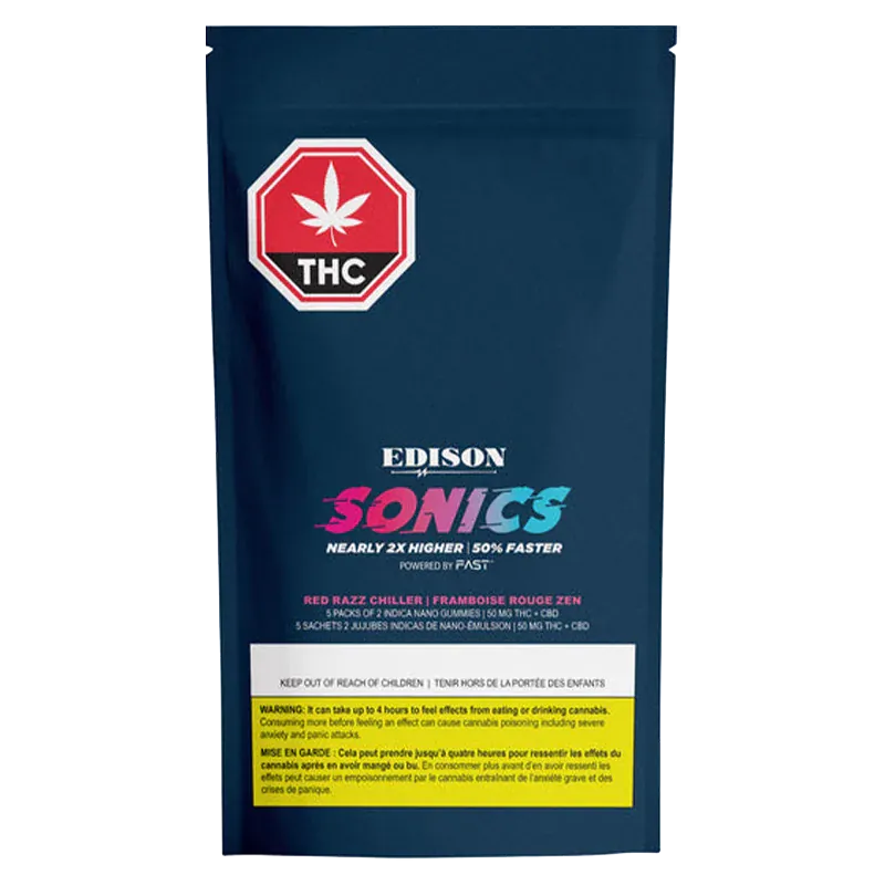 Straight-on view of the navy pouch labeled Red Razz Chiller 1:1 CBD:THC Multipack Nano Gummies with a red THC stop-sign logo at top.