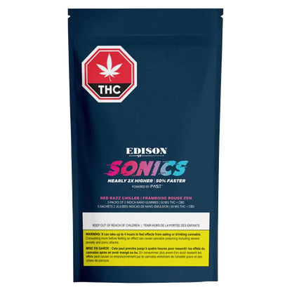Straight-on view of the navy pouch labeled Red Razz Chiller 1:1 CBD:THC Multipack Nano Gummies with a red THC stop-sign logo at top.