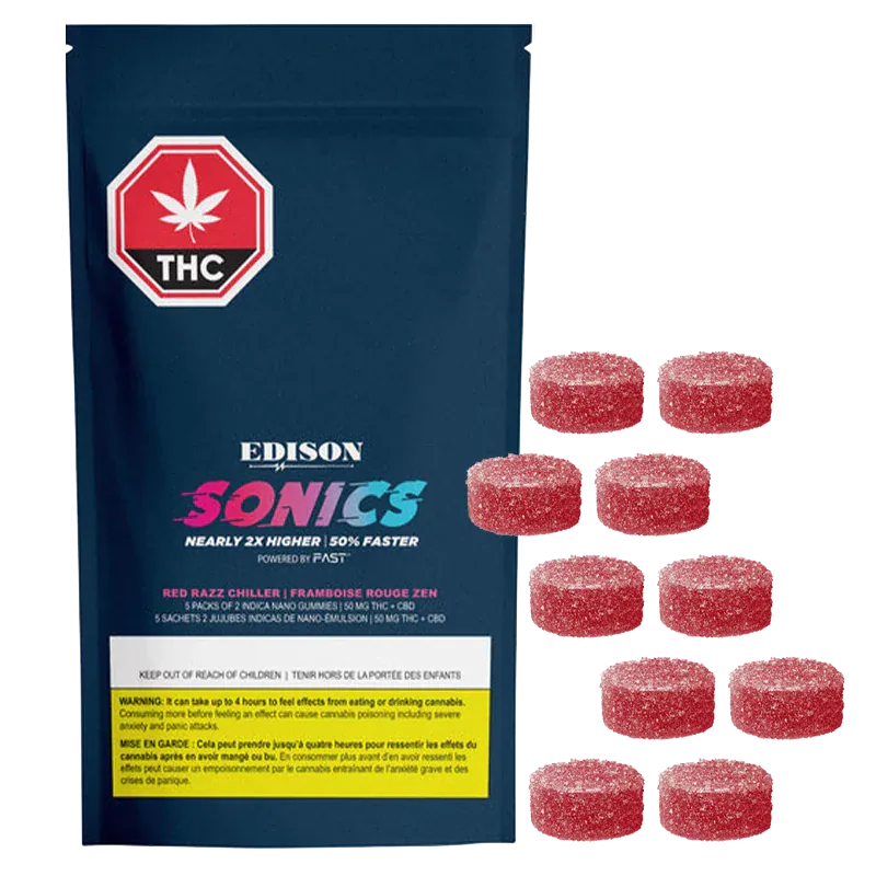 Front view of the Red Razz Chiller 1:1 CBD:THC Multipack Nano Gummies pouch on a white background with ten sugar-coated red round gummies arranged in a grid to its right.