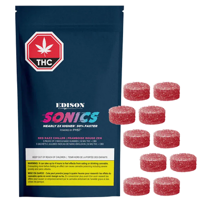 Front view of the Red Razz Chiller 1:1 CBD:THC Multipack Nano Gummies pouch on a white background with ten sugar-coated red round gummies arranged in a grid to its right.