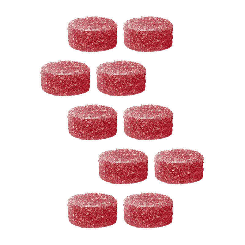 Top-down view of ten sugar-coated red gummies arranged in a staggered grid for Red Razz Chiller 1:1 CBD:THC Multipack Nano Gummies