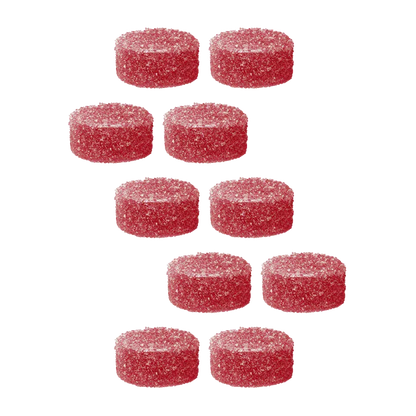 Top-down view of ten sugar-coated red gummies arranged in a staggered grid for Red Razz Chiller 1:1 CBD:THC Multipack Nano Gummies