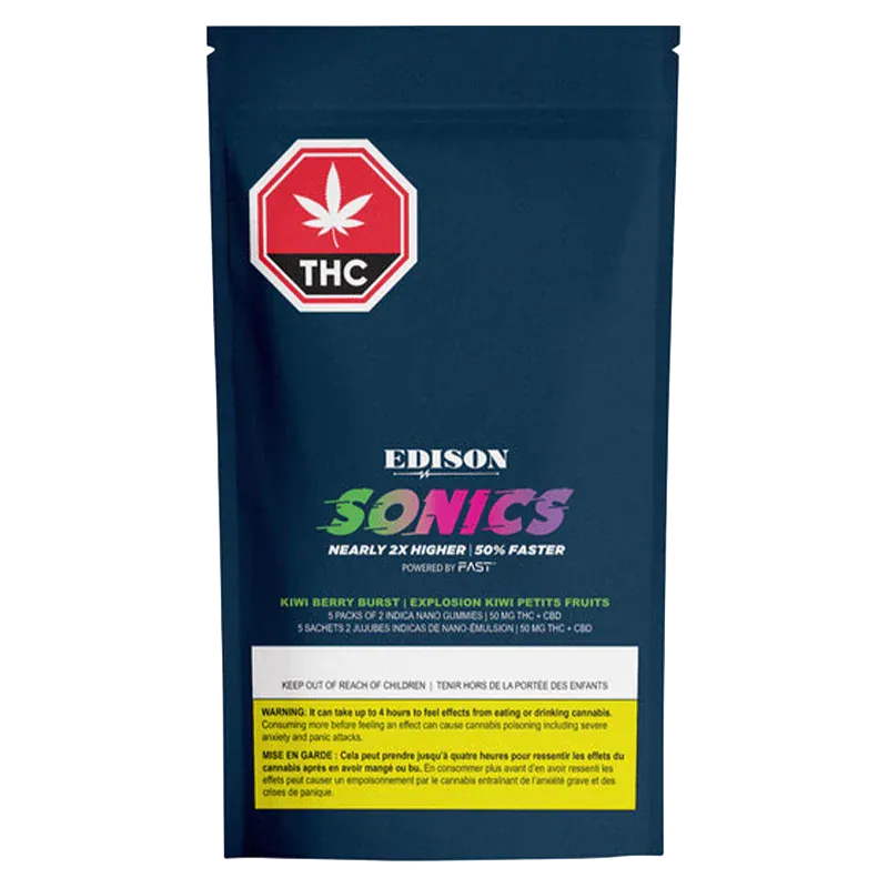 Front view of a dark blue pouch labeled Kiwi Berry Burst 1:1 CBD:THC Multipack Nano Gummies with colorful "SONICS" logo and a red THC octagon.