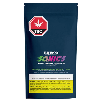 Front view of a dark blue pouch labeled Kiwi Berry Burst 1:1 CBD:THC Multipack Nano Gummies with colorful "SONICS" logo and a red THC octagon.
