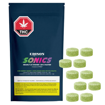 Front-facing pouch and scattered green sugar-coated gummies of the Kiwi Berry Burst 1:1 CBD:THC Multipack Nano Gummies by Edison Sonics against a white background.