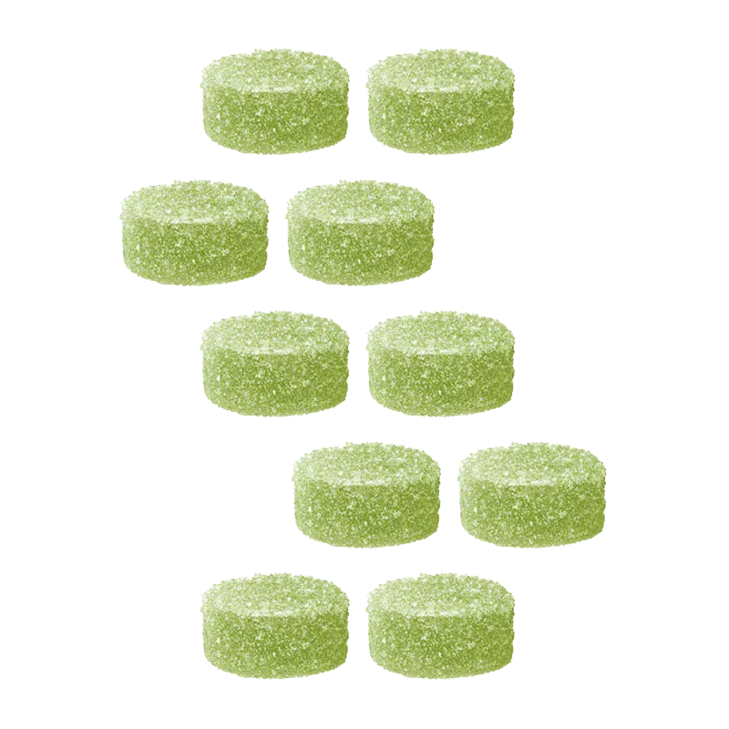 Top-down view of ten sugar-coated light green gummies arranged in staggered rows, Kiwi Berry Burst 1:1 CBD:THC Multipack Nano Gummies