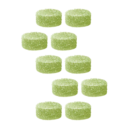 Top-down view of ten sugar-coated light green gummies arranged in staggered rows, Kiwi Berry Burst 1:1 CBD:THC Multipack Nano Gummies