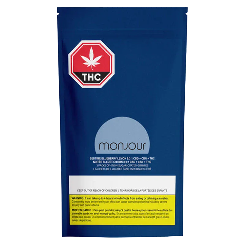 Front-facing navy pouch photographed straight-on showing the Bedtime Blueberry Lemon 8:3:1 CBD:CBN:THC Gummies packaging with a light blue circle logo and a red THC stop-sign label.