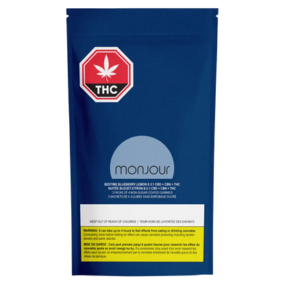 Front-facing navy pouch photographed straight-on showing the Bedtime Blueberry Lemon 8:3:1 CBD:CBN:THC Gummies packaging with a light blue circle logo and a red THC stop-sign label.