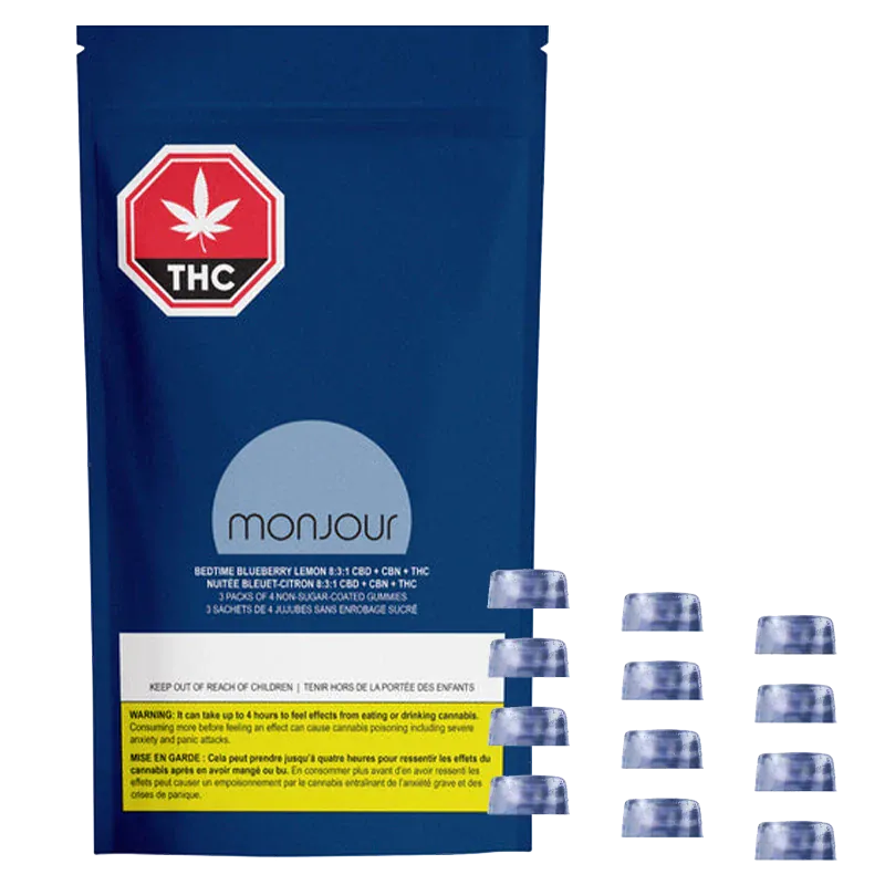Front-facing shot of the Bedtime Blueberry Lemon 8:3:1 CBD:CBN:THC Gummies 12 Pack pouch in deep blue with a circular logo, THC emblem, and scattered translucent purple-blue gummies.