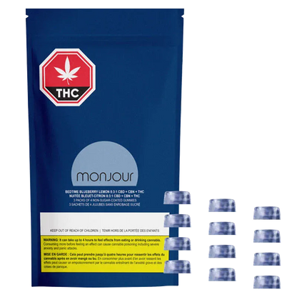 Front-facing shot of the Bedtime Blueberry Lemon 8:3:1 CBD:CBN:THC Gummies 12 Pack pouch in deep blue with a circular logo, THC emblem, and scattered translucent purple-blue gummies.