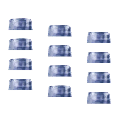 Top-down grid of thirteen small translucent blue candies labeled Bedtime Blueberry Lemon 8:3:1 CBD:CBN:THC Gummies.