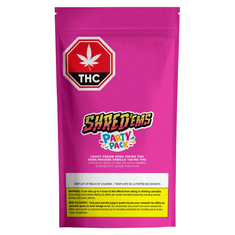 Front-facing shot of a bright pink pouch labeled Shred'Ems Crazy Cream Soda Max10 Party Pack Gummies with a THC stop sign logo at top.