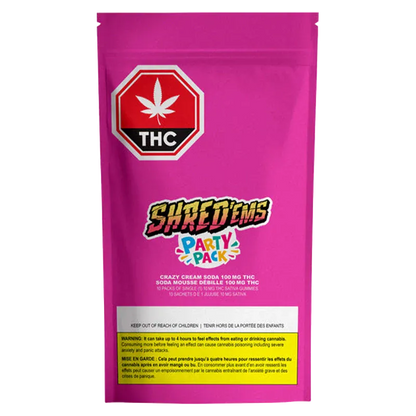 Front-facing shot of a bright pink pouch labeled Shred'Ems Crazy Cream Soda Max10 Party Pack Gummies with a THC stop sign logo at top.